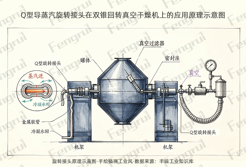 Q型导蒸汽旋转接头在双锥回转真空干燥机上的应用原理示意图