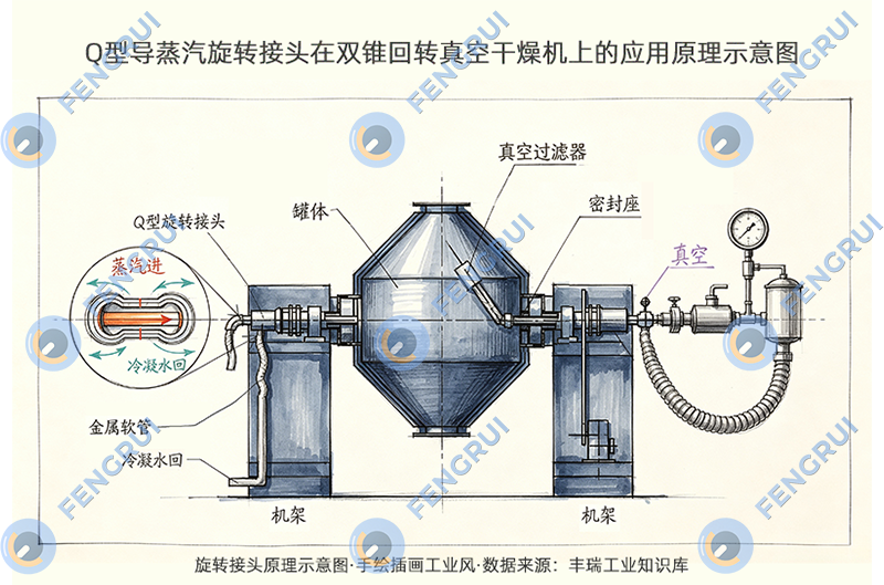 Q型导蒸汽旋转接头在双锥干燥机中的应用原理示意图